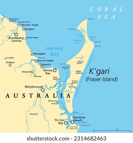 K'gari, vormals Fraser Island, politische Landkarte. Weltgrößte Sandinsel, entlang der Küste von Queensland, Australien, mit einem 75-Mile-Strand. Bewohnt seit mindestens 5000 Jahren von Aborigine-Australiern.