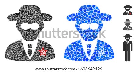 KGB spy composition of spheric dots in various sizes and color tints, based on KGB spy icon. Vector random circles are grouped into blue composition. Dotted KGB spy icon in usual and blue versions.