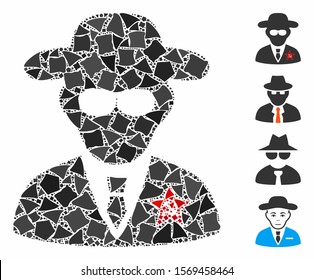 KGB spy icon composition of uneven pieces in different sizes and shades, based on KGB spy icon. Vector rough pieces are united into composition. KGB spy icons collage with dotted pattern.