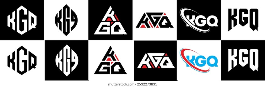 Design do logotipo da letra KGQ em seis estilos. Polígono KGQ, círculo, triângulo, hexágono, estilo simples e plano com logotipo de letra de variação de cor preto e branco definido em uma prancheta. Logotipo minimalista e clássico do KGQ