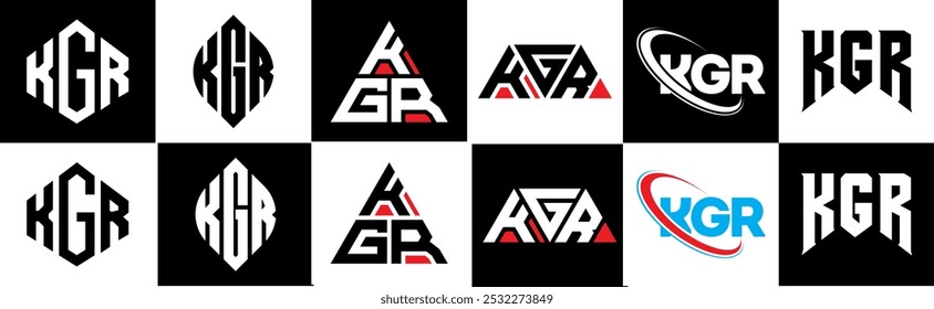 KGR letter logo design in six style. KGR polygon, circle, triangle, hexagon, flat and simple style with black and white color variation letter logo set in one artboard. KGR minimalist and classic logo