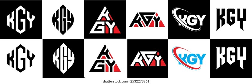 KGY letter logo design in six style. KGY polygon, circle, triangle, hexagon, flat and simple style with black and white color variation letter logo set in one artboard. KGY minimalist and classic logo