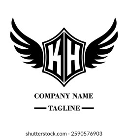 KH bold shield logo with wings, customizable with letters A to Z. Perfect for brands seeking a powerful symbol of strength, freedom, and ambition