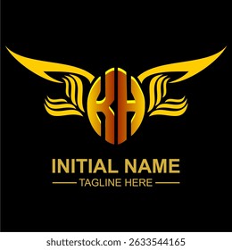 KH Golden Wing Emblem Logo with elegant gold wings, sleek and modern design. Ideal for branding, creative projects, luxury businesses, or artistic ventures.