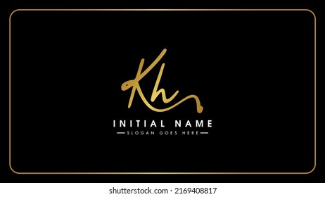 KH K H initials Handwriting signature logo. 
Brush typography. cursive signature style letters K H, Golden. Gold. Isolated on black background.