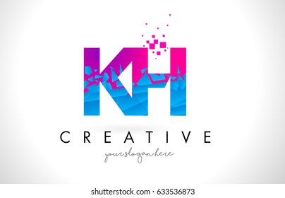 KH K H Letter Logo with Broken Shattered Blue Pink Triangles Texture Design Vector Illustration.