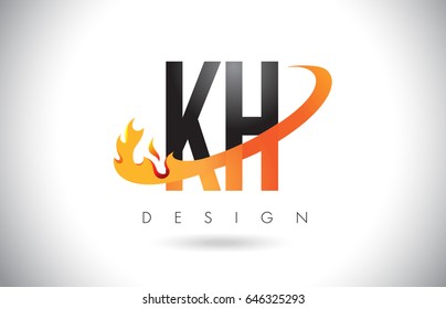 KH K H Letter Logo Design with Fire Flames and Orange Swoosh Vector Illustration.