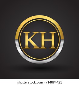KH Letter logo in a circle, gold and silver colored. Vector design template elements for your business or company identity.