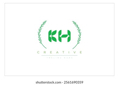 KH letters eco logo with leaf. Fresh nature and healthy leaf logo design.