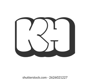 KH logo, bubble comic lettering, rounded in graffiti style black and white silhouette. Trendy preschool K and H letter text for festival party, personal initials, children funky print and web. 