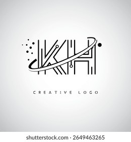 Logotipo de Monograma de Órbita KH - Marca de Letra Mínima Futurista com Linha de Arte Circular, Pontos Inspirados na Tecnologia e Conceito de Movimento Espacial para Identidade de Marca Moderna