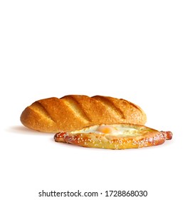 Khachapuri in Ajarian and Bread low poly. Georgian cuisine. Baking with cheese, butter and egg. Baking In the form of a boat. Authentic open khachapuri. Hot loaf. Bun in triangulation technique.