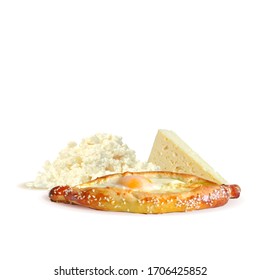 Khachapuri in Ajarian low poly. Georgian cuisine. Baking with cheese, butter and egg. Baking In the form of a boat. Authentic open khachapuri. Khachapuri in triangulation technique.
