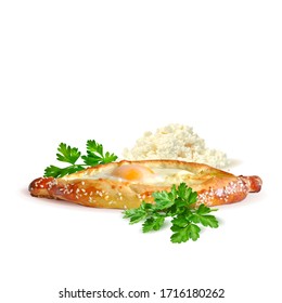 Khachapuri in Ajarian low poly. Georgian cuisine. Baking with cheese, green plant and egg. Baking In the form of a boat. Authentic open khachapuri with parsley. Khachapuri in triangulation technique.