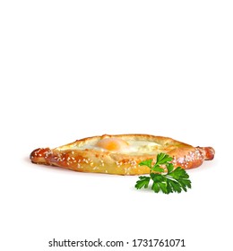 Khachapuri in Ajarian low poly. Georgian cuisine. Baking with cheese, green plant and egg. Baking In the form of a boat. Authentic open khachapuri with parsley. Khachapuri in triangulation technique.