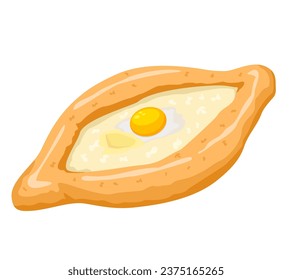 Khachapuri with egg, yolk and soft cheese. Traditional Adjarian and Georgian dish. Freshly baked flat bread with cheese and egg isolated on white background. Vector illustration