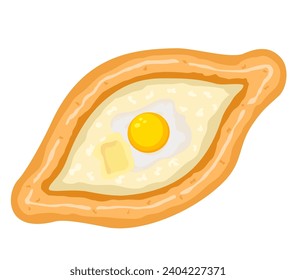 Khachapuri with egg, yolk and soft cheese. Traditional Adjarian and Georgian dish. Freshly baked flat bread with cheese and egg isolated on white background. Vector illustration