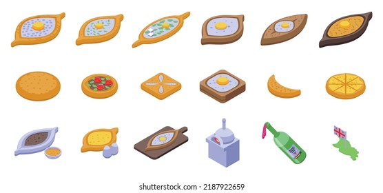 Khachapuri icons set isometric vector. Pie bakery. Food georgian