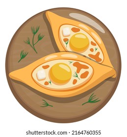Khachapuri. Vector flat illustration of the Georgian dish khachapuri with egg on wooden board. Flat lay. Top view.