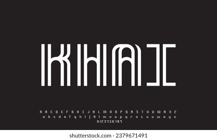 KHAI Double line monogram alphabet and tech fonts. Lines font regular uppercase and lowercase. Vector illustration.