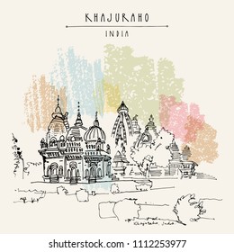 Khajuraho, Madhya Pradesh, India. Ancient Hindu temples (Western group). World heritage, national treasure. Vintage hand drawn postcard or poster template. Vector illustration