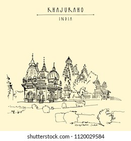 Khajuraho, Madhya Pradesh, India. Ancient Hindu temples (Western group). World heritage, national treasure. Vintage hand drawn postcard or poster template. Vector illustration