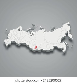 Khakassia region highlighted in red on a grey Russia 3d map