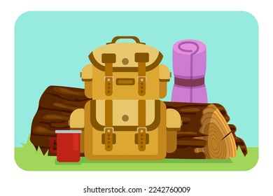 Khaki backpack for camping in front of log vector illustration. Cartoon drawing of rucksack, coffee mug, sleeping bag for tourists on grass. Camping, accessories, vacation concept