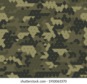 Khaki camouflage, digital pattern, geometric seamless pattern. Forest background.