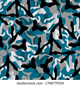 khaki Camouflage pattern in blue and silver and black colors. points background army fashion vector art