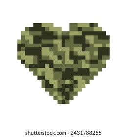 khaki camouflage pixel heart on isolated white background. Military brave heart as a sticker