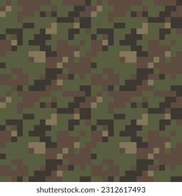 Khaki camouflage seamless pattern abstract texture pixel art background. Knitted design. Isolated vector 8-bit background.