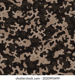Patrón sin foco de camuflaje de Khaki. Acondicionamiento gráfico verde monocromo sin foco. Fondo De Camuflaje Brown Repetió Diseño Gráfico De Moda. Papel tapiz de vectores creativos sin foco de oliva. Oscuro