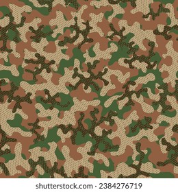 Khaki Camouflage Seamless Pattern. Camouflage Nature Brown Repeated Military Graphic Background. Desert Repeated Doted Vector Art. Autumn Seamless War Graphic Design. Camoflage