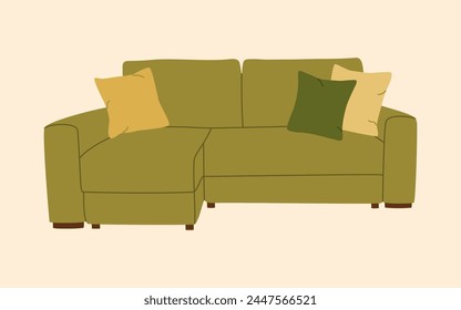 Khaki corner sofa bed with pillows in modern style. Soft furniture element for cozy home interior. Hand drawn vector illustration isolated on light background, flat cartoon style.