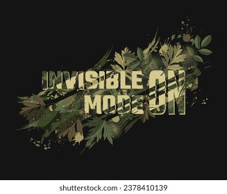 Khaki green camouflage label with lush foliage, paint splatter, smudge, brush strokes, halftone shapes, text. Dense chaotic composition Good for apparel, fabric, textile, sport goods