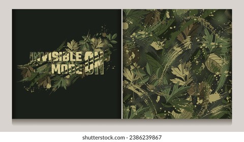 Khaki green camouflage label, pattern with lush foliage, paint splatter, smudge, brush strokes, halftone shapes, text. Dense chaotic composition Good for apparel, fabric, textile, sport goods Not AI