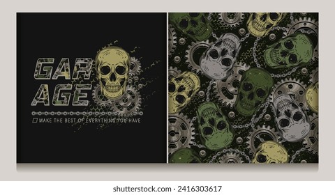 Etiqueta de camuflaje verde caqui, patrón con cráneo humano, engranajes, cadena de bicicletas, remaches. Ilustración gótica de miedo oscuro al estilo steampunk. Para prendas de vestir, tela, textiles, artículos deportivos. No IA