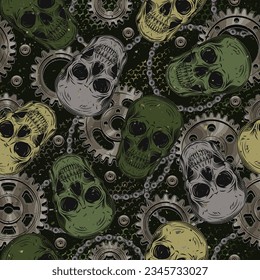 Patrón de camuflaje verde caqui con cráneos humanos, engranajes, cadena de bicicletas, remaches. Ilustración gótica de miedo oscuro al estilo steampunk. Para prendas de vestir, tela, textiles, artículos deportivos.