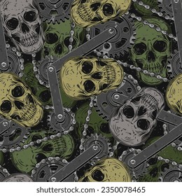 Patrón de camuflaje verde caqui con calaveras humanas, mecanismo de acero con engranajes, cadena de bicicletas. Ilustración gótica de miedo oscuro al estilo steampunk. Para prendas de vestir, tela, textiles, artículos deportivos.