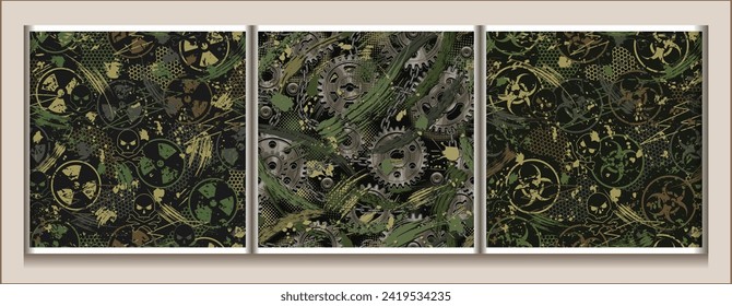 Khaki green camouflage patterns with rusty gears, biology hazard symbol, radiation sign, splattered paint. Steampunk grunge style.