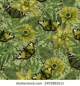 Camuflaje verde caqui sin patrón con follaje exuberante, hojas, flores, mariposa. Naturaleza salvaje. Para ropa, tela, textil, diseño de artículos deportivos.