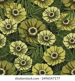 Khaki green camouflage seamless pattern with lush foliage, leaves, flowers. Wild nature. For apparel, fabric, textile, sport goods design.