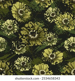 Khaki green camouflage seamless pattern with lush foliage, leaves, flowers. Wild nature. For apparel, fabric, textile, sport goods design.