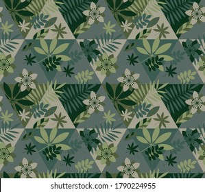 Khaki green geometric style flora in seamless pattern for background, wrap, fabric, textile, wrap, surface, web and print design. Geometric concept vector camouflage foliage. 