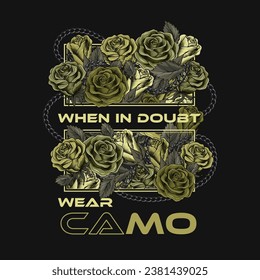 Khaki green rectangular camouflage label with lush blooming roses, gray leaves, stainless chains, text Wear Camo. Grunge texture. For sport goods, textile design. Not AI