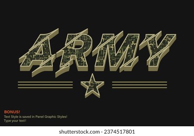 Tipografía de camisetas verde caqui con textura de camuflaje. Palabra horizontal Ejército con franjas y estrella militar. Apariencia de texto editable, se incluye el estilo gráfico de texto. Para productos deportivos, diseño textil