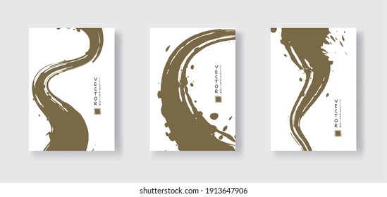 khaki ink brush stroke on white background. Japanese style. Vector illustration of grunge wave stains.Vector brushes illustration.