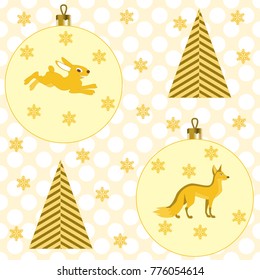 khaki New Year background. Seamless vector pattern with fir trees, Christmas balls, snowflakes