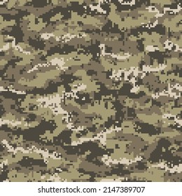 Khaki Pixel Camouflage Seamless Pattern. Vector